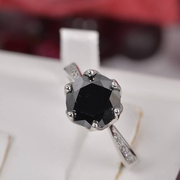 3ct GRA Certified Black Round Brilliant Cut Moissanite Engagement Ring sz 9 - Picture 2 of 5